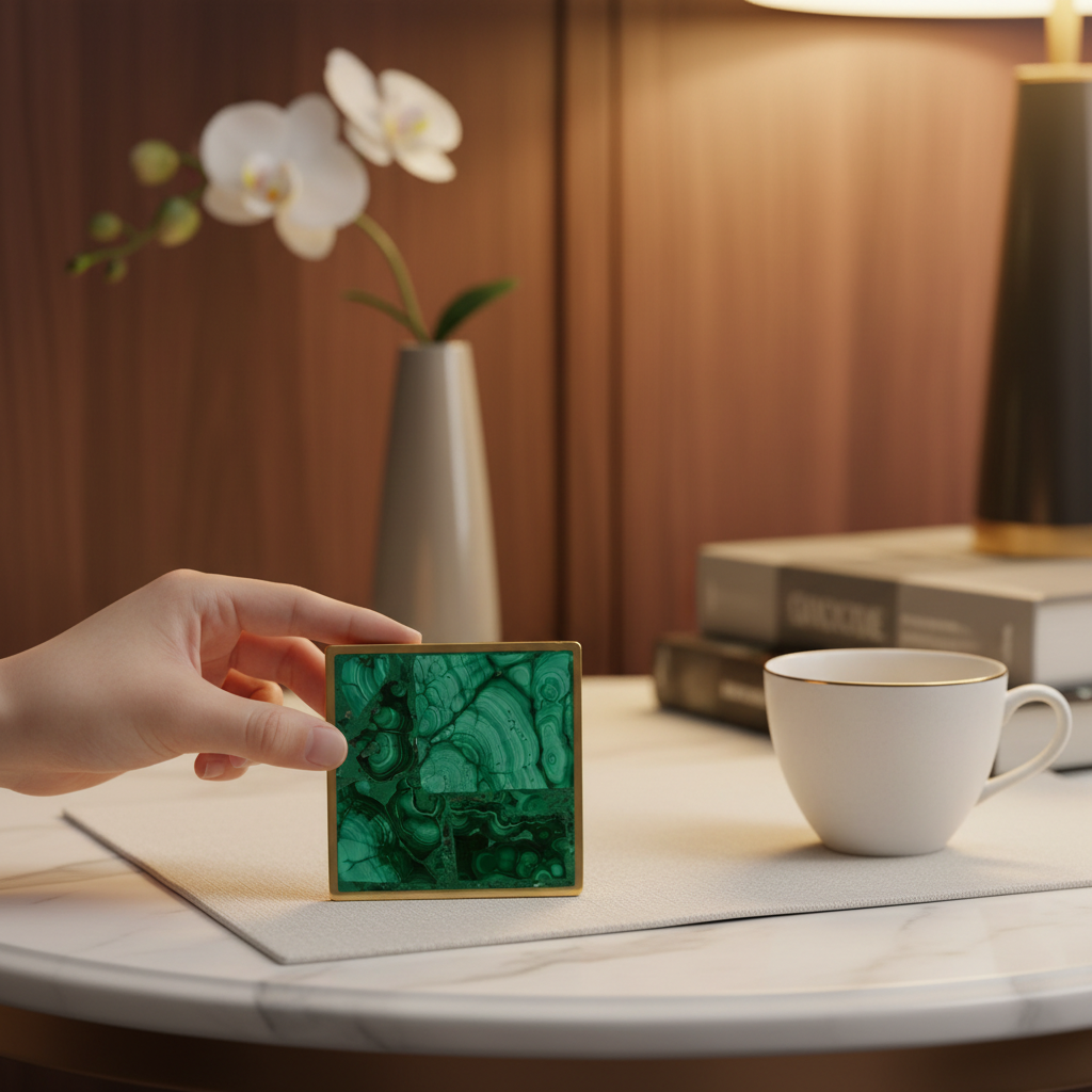 Sous-verre malachite pierre naturelle bordure dorée décoration intérieur luxe