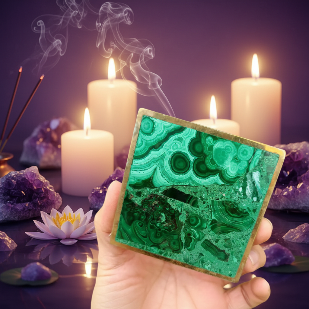 Sous-verre malachite cristaux bougies ambiance spirituelle lithothérapie