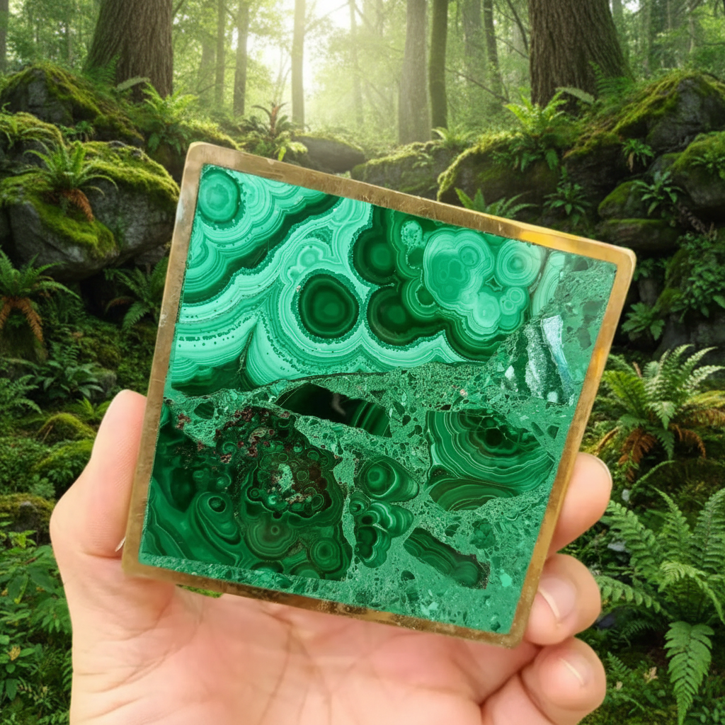 Sous-verre en malachite véritable fond nature forêt minéral vert
