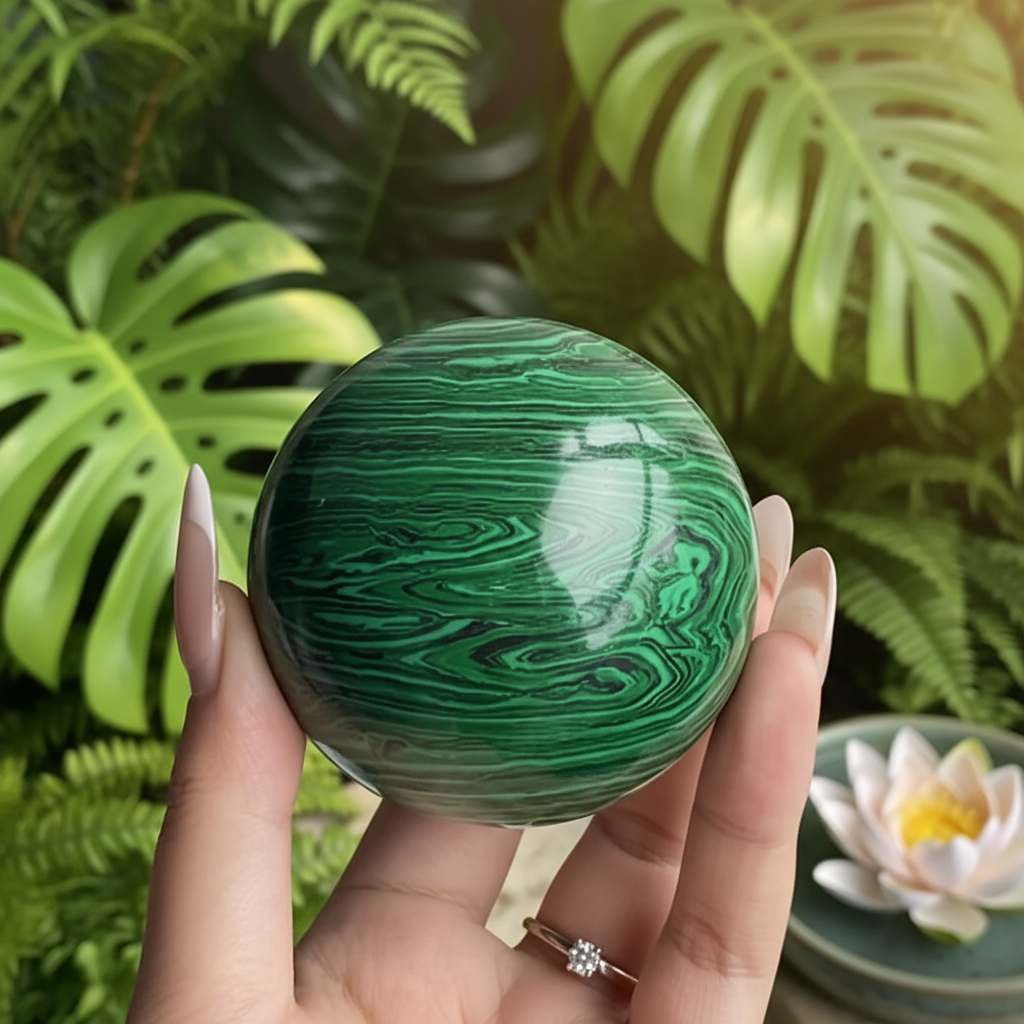 Sphère de malachite naturelle tenue dans une main – pierre verte transformation