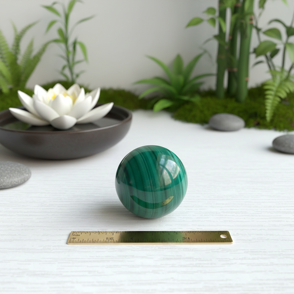 Sphère de malachite unique sur surface en bois, taille 2-3 cm, décor zen fleur de lotus
