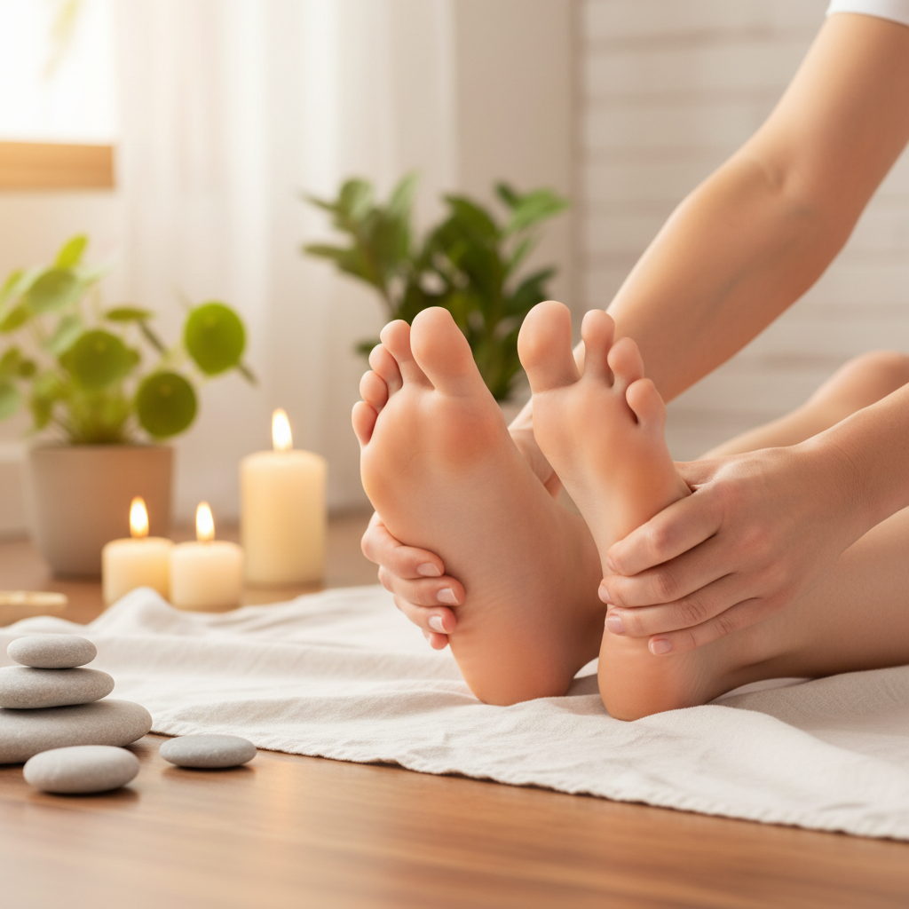 Mains massant la plante des pieds dans un espace zen – bienfaits des chaussettes de massage