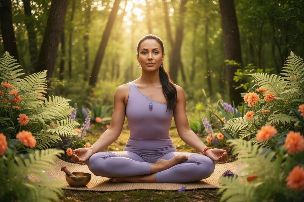 Femme en tenue yoga violette méditant en position de lotus sur tapis de yoga avec un bol tibétain à côté en pleine nature entourée de fougères et fleurs oranges dans un bois