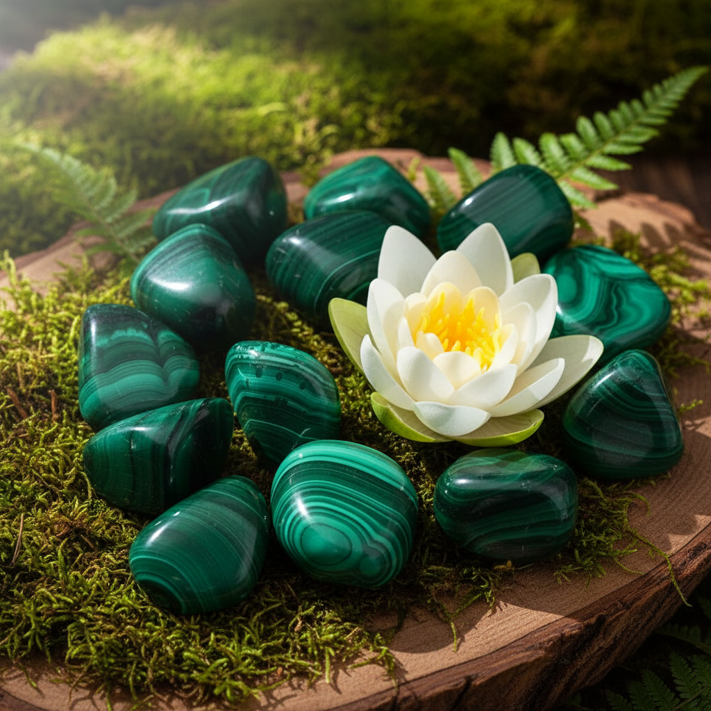Malachite pierres roulées sur bois et mousse fond nature forêt bien-être