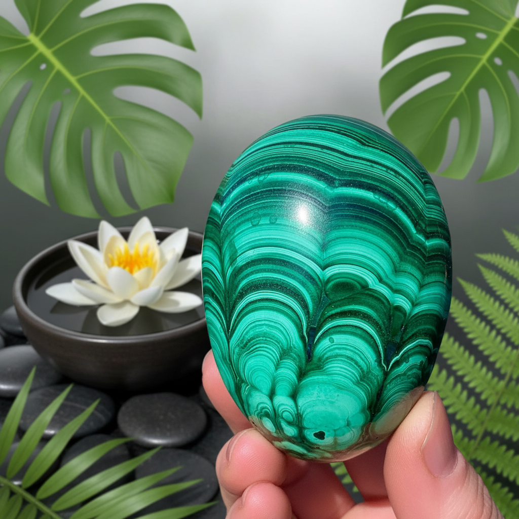 euf de malachite aux motifs floraux verts tenu dans une main – méditation et Reiki