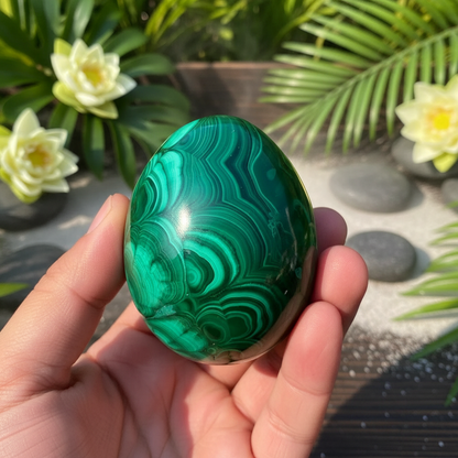 Oeuf de malachite naturel aux motifs concentriques verts tenu dans une main – pierre de guérison
