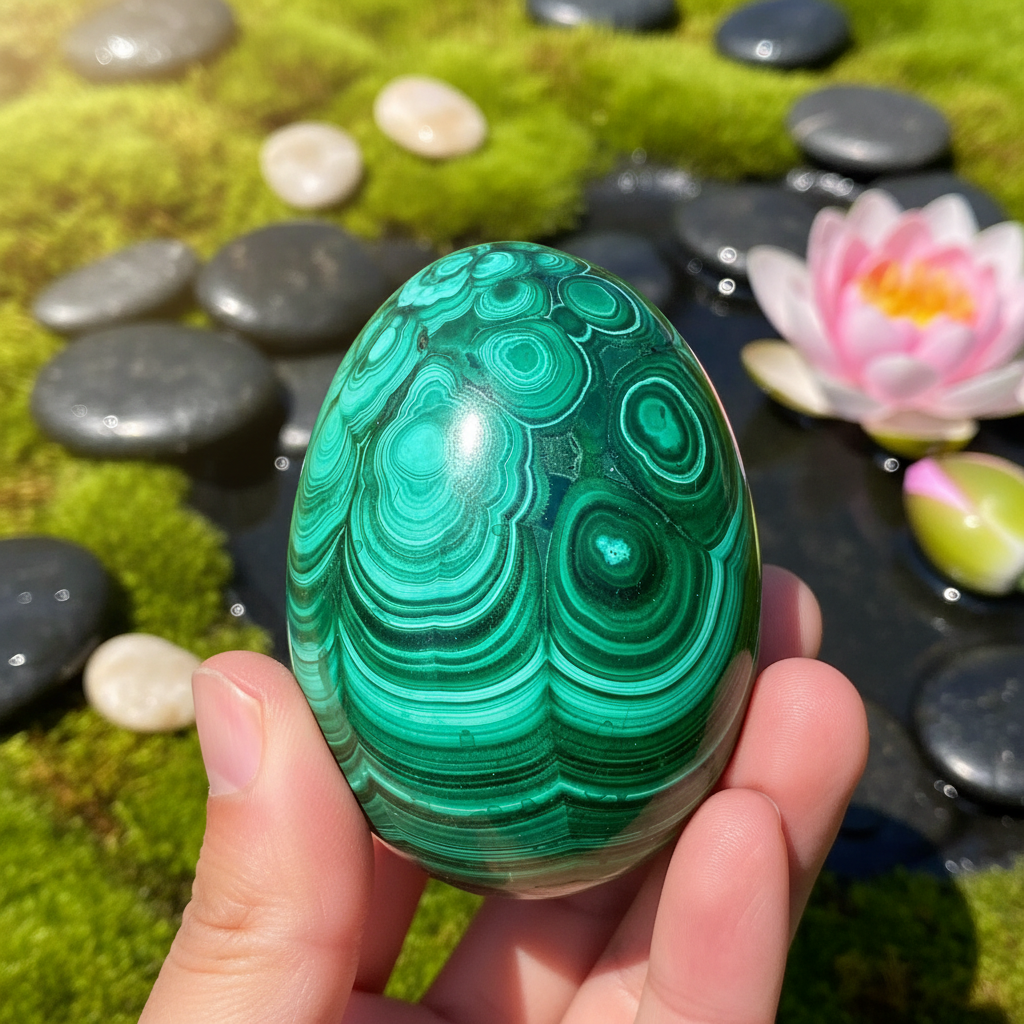 Oeuf de malachite poli aux vagues profondes tenu dans une main – pierre naturelle chakra cœur