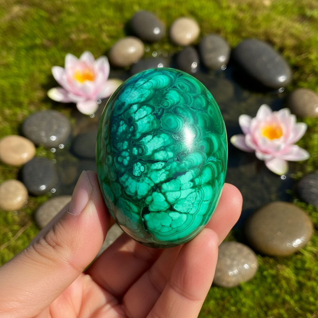 Oeuf de malachite verte aux motifs bulles tenu dans une main – pierre protection ondes