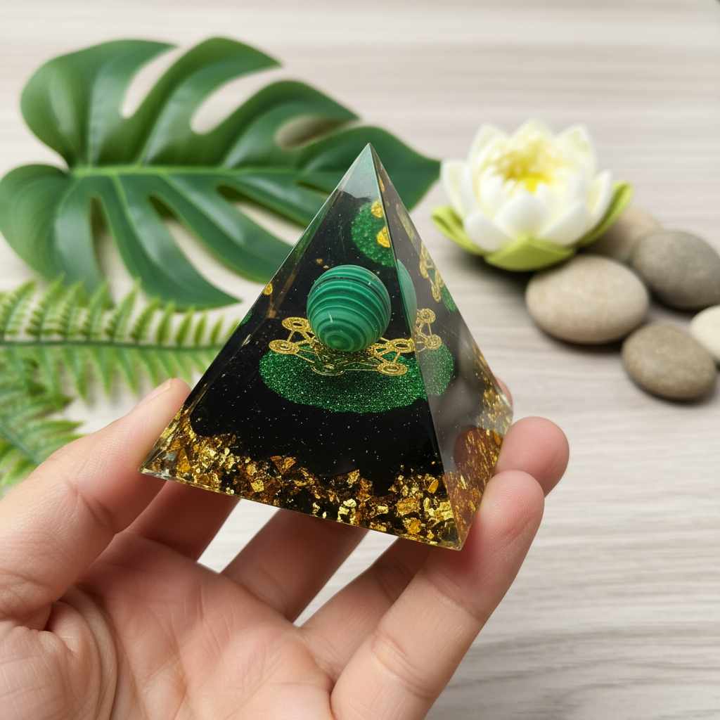 Orgonite malachite pyramide résine fond lotus zen – pierre naturelle méditation