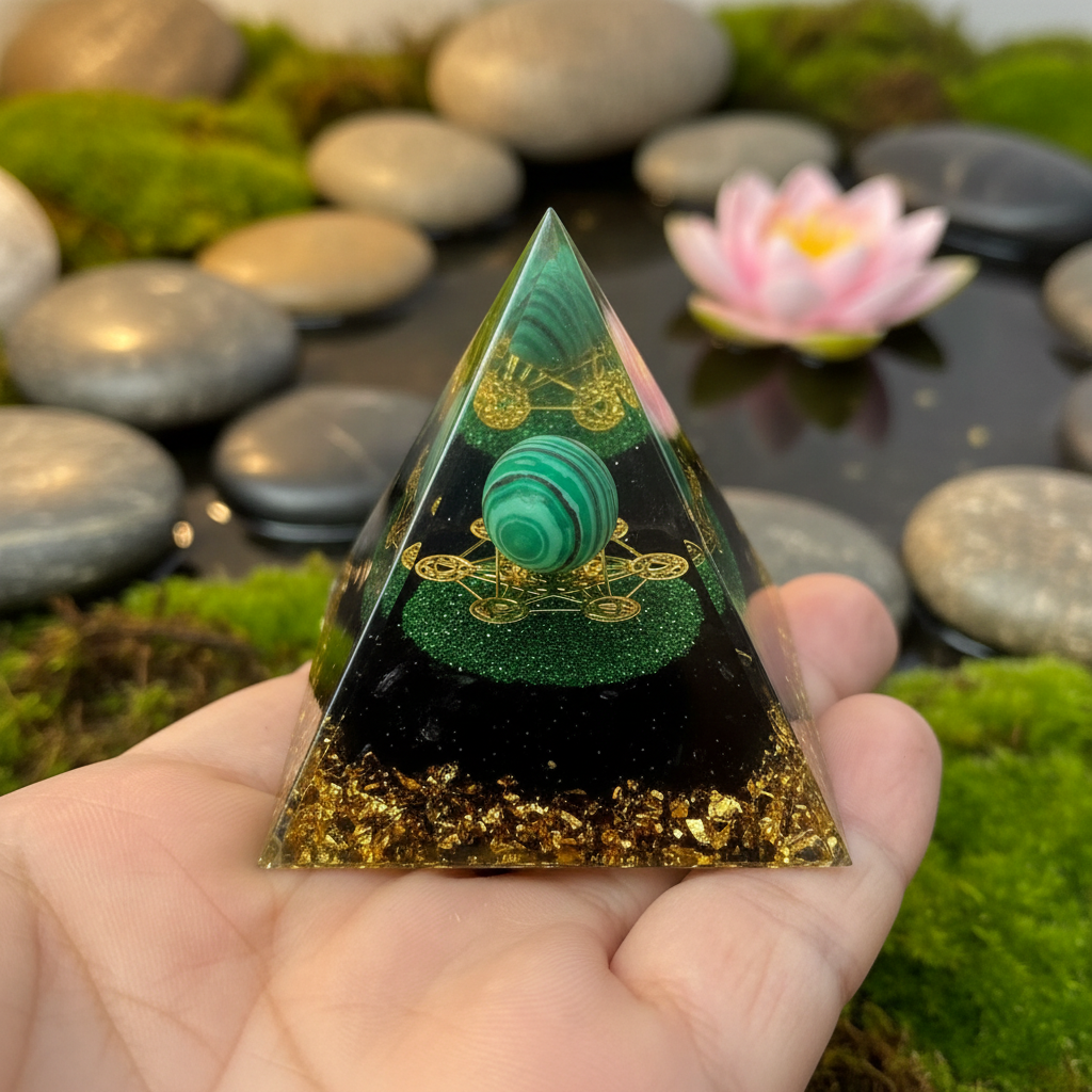 Orgonite malachite pyramide résine sur fond naturel mousse et pierres – protection énergétique