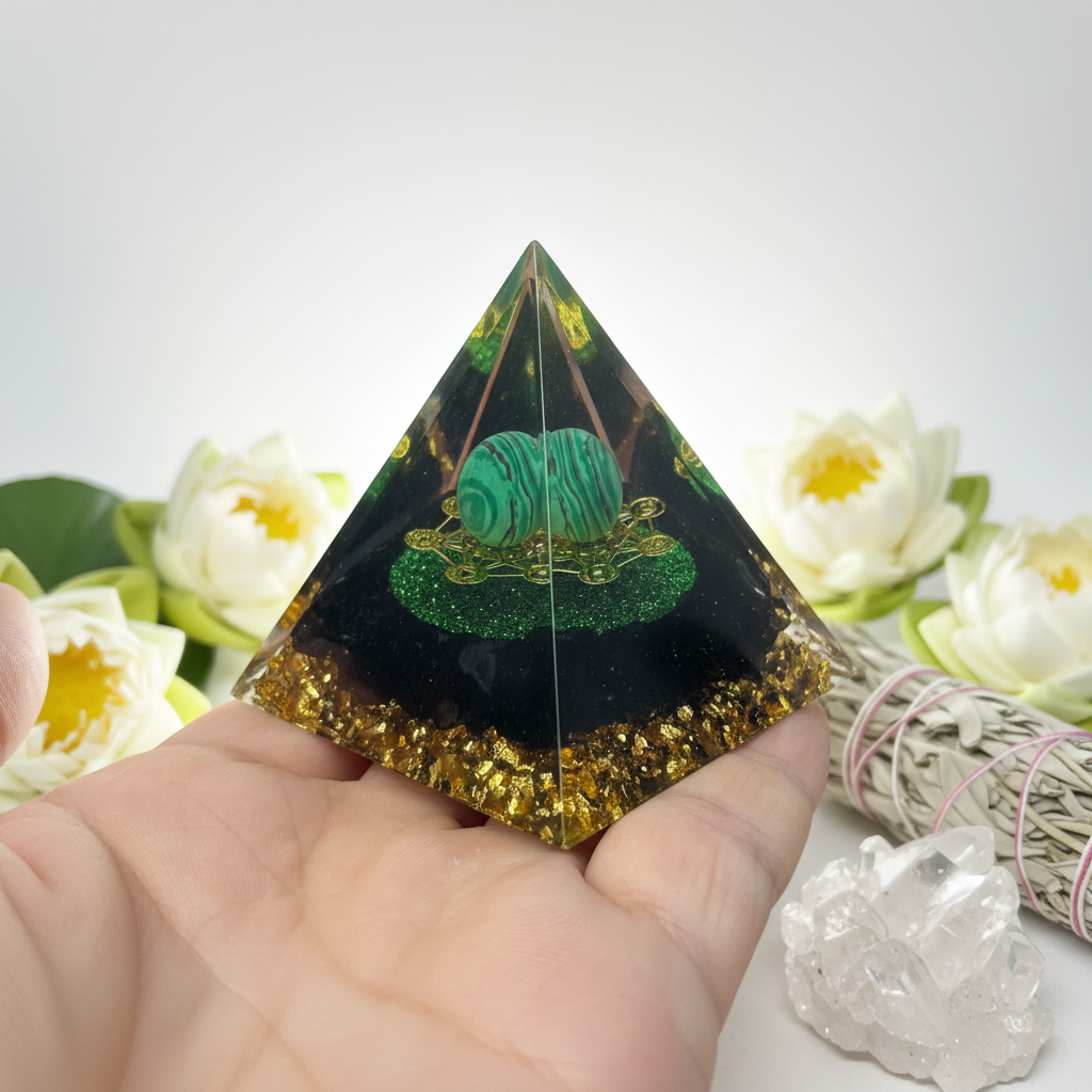 Pyramide orgonite malachite fond éthéré lumière blanche – protection et sérénité