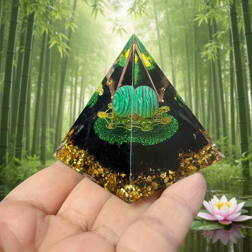 Orgonite malachite pyramide fond bois naturel feuilles tropicales – décoration zen