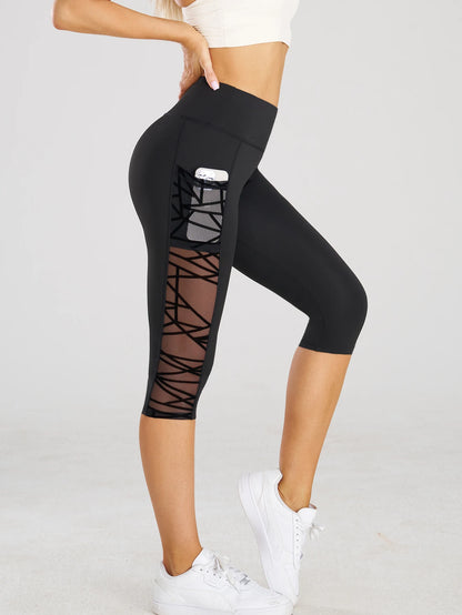 Pantalon yoga legging court femme - détail maille ajourée poche latérale téléphone