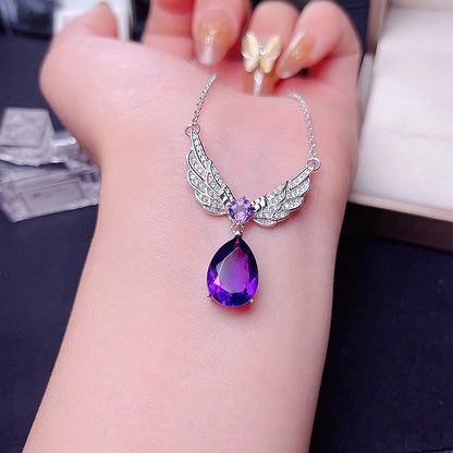 Collier femme pendentif améthyste ailes d'ange  chaine argent 