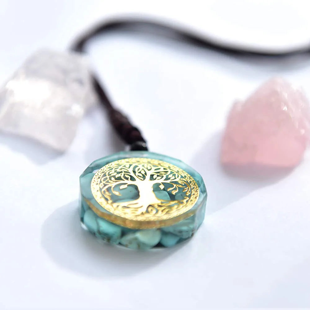 pendentif arbre de vie cuivre doré orgonite turquoise avec cordon