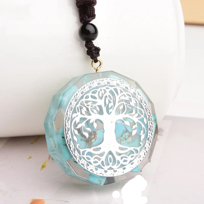 pendentif arbre de vie cuivre argenté orgonite turquoise avec cordon
