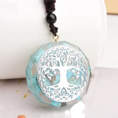 pendentif arbre de vie cuivre argenté orgonite turquoise avec cordon