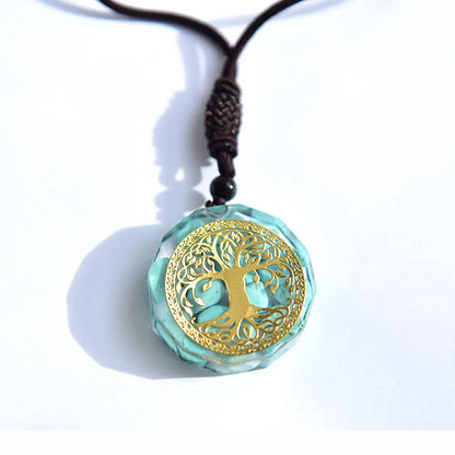 pendentif arbre de vie cuivre argenté orgonite turquoise avec cordon