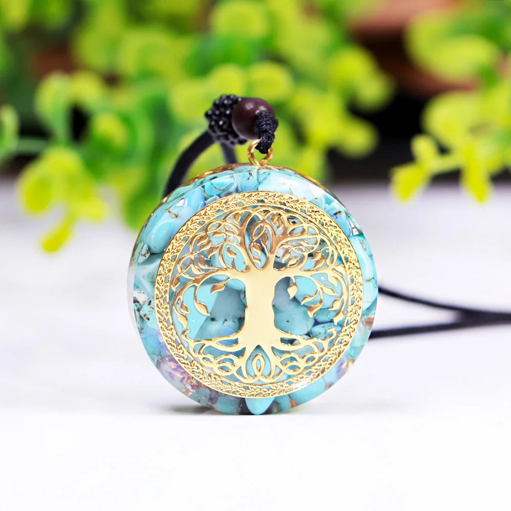 pendentif arbre de vie cuivre dorée orgonite turquoise avec cordon
