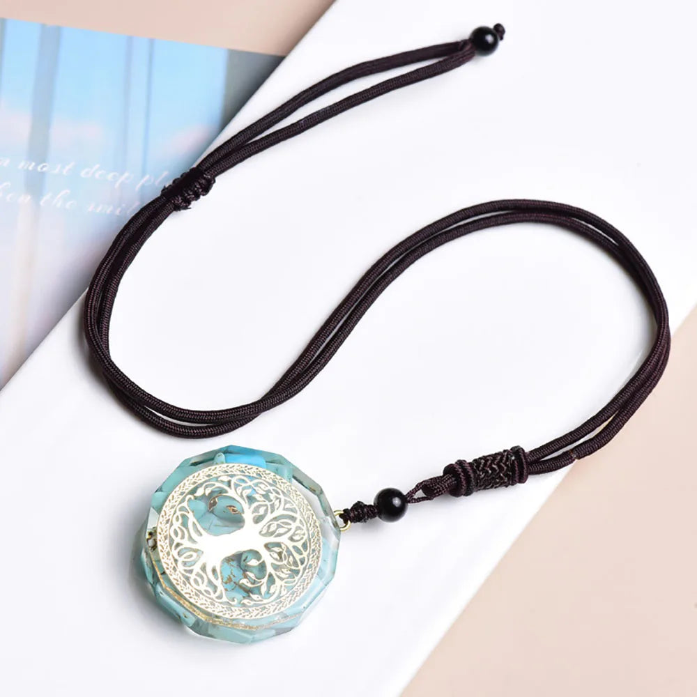 pendentif arbre de vie cuivre argenté orgonite turquoise avec cordon