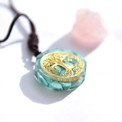 pendentif arbre de vie cuivre doré orgonite turquoise avec cordon
