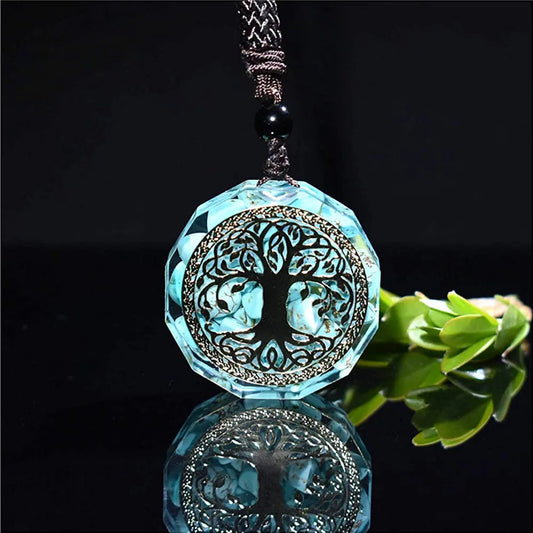 pendentif arbre de vie cuivre orgonite turquoise avec cordon