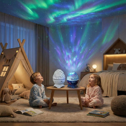 Projecteur galaxie œuf de dinosaure diffusant des étoiles colorées dans une chambre d'enfant