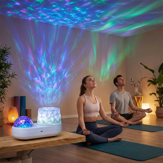 projecteur led aurores boréales jeune femme et jeune homme qui regardent les projections sur le plafond émerveillés en position de yoga