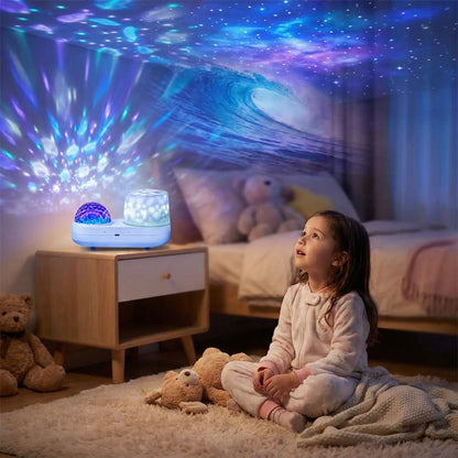 projecteur led océanique veilleuse enfant émerveillée regardant le plafond et les murs émerveillée