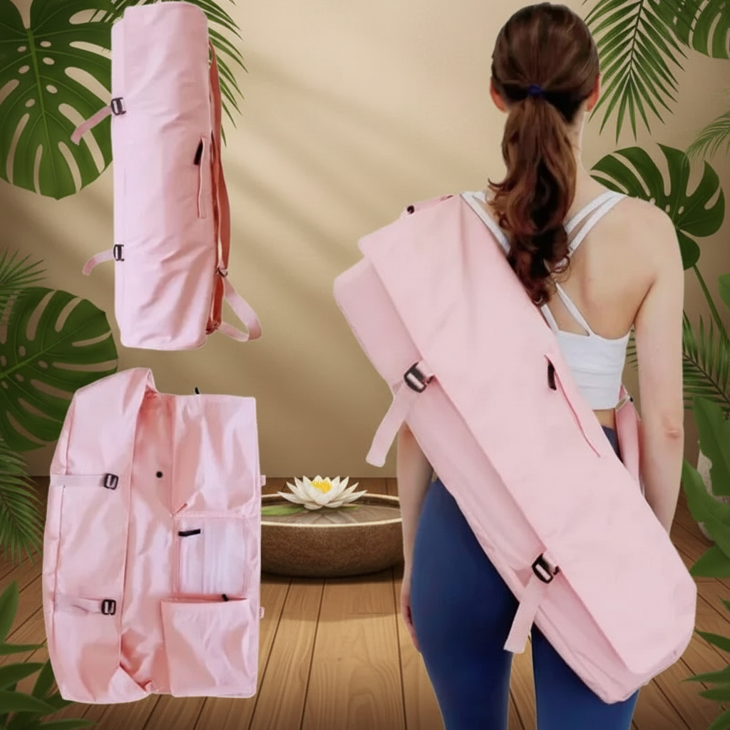 Sac à tapis de yoga rose avec femme le portant sur le dos en tenue de sport