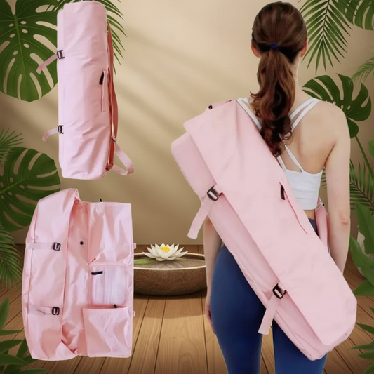 Sac à tapis de yoga rose avec femme le portant sur le dos en tenue de sport