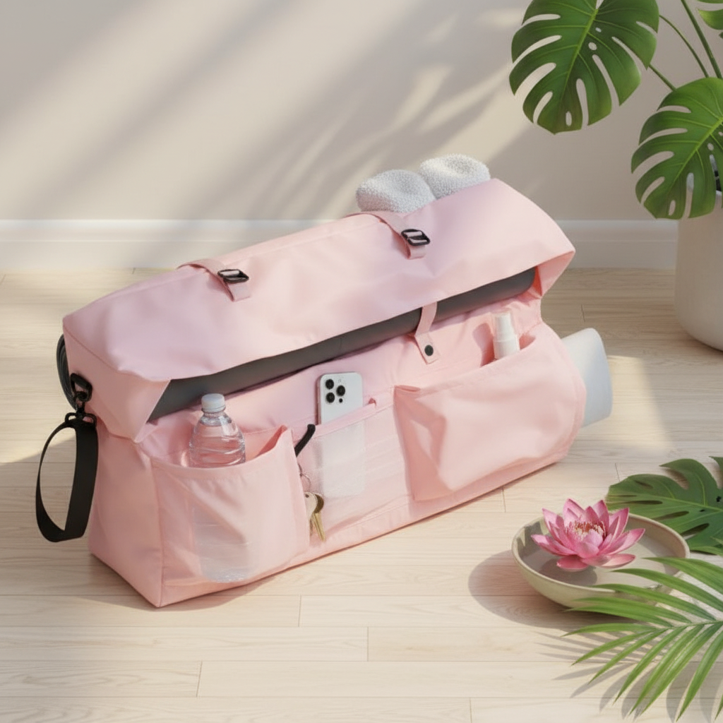 Sac à tapis de yoga ouvert montrant les compartiments et poches intérieures