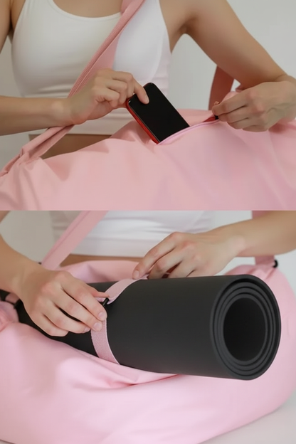 Sac à tapis de yoga rose - accès poche téléphone extérieure et boucle de maintien