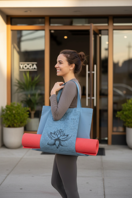 Sac de yoga femme bleu lotus profil devant studio de yoga