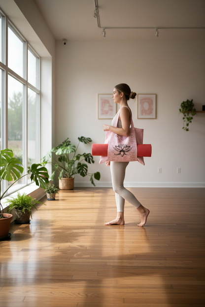 Femme de profil sac yoga rose lotus intérieur studio zen