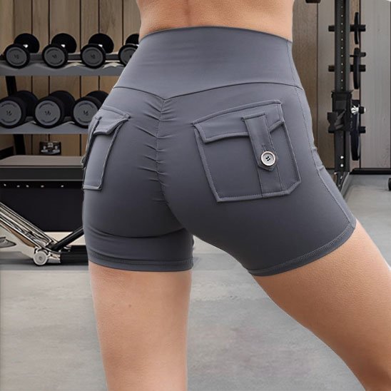 Short de sport femme gris poches arrière stretch