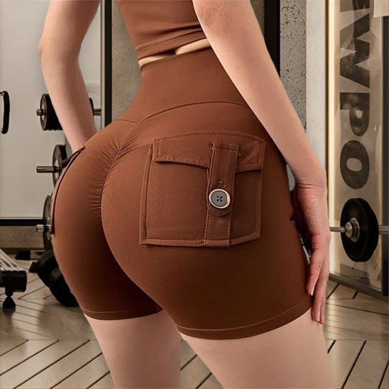 Short de sport femme marron poches arrière stretch