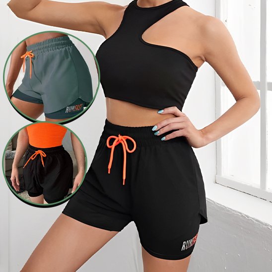 Short de sport femme noir gris cordon orange