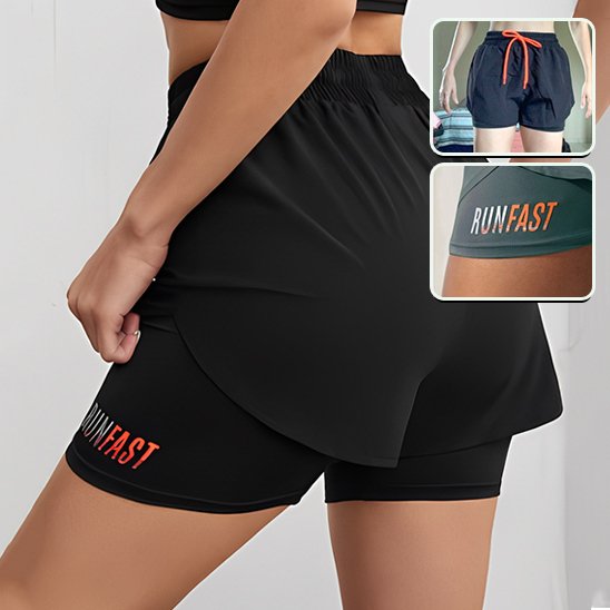Short de sport femme noir cordon orange écriture runfast