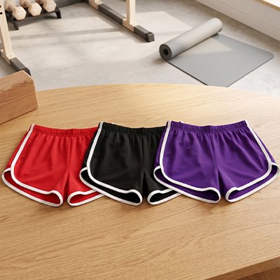 Short de sport rouge noir bleu bande blanche