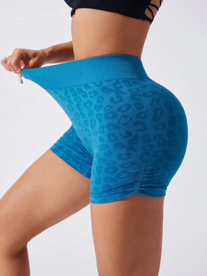 Short de yoga léopard bleu taille haute femme