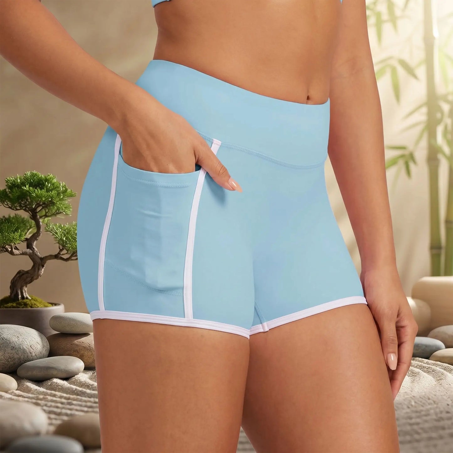 Shorty yoga femme bleu – poche intégrée dans un espace zen yoga
