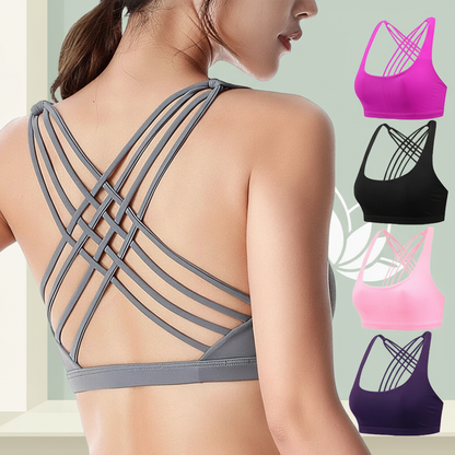 Soutien gorge bretelles croisées gris femme fond zen – Fuchsia noir rose marine - Top yoga sport