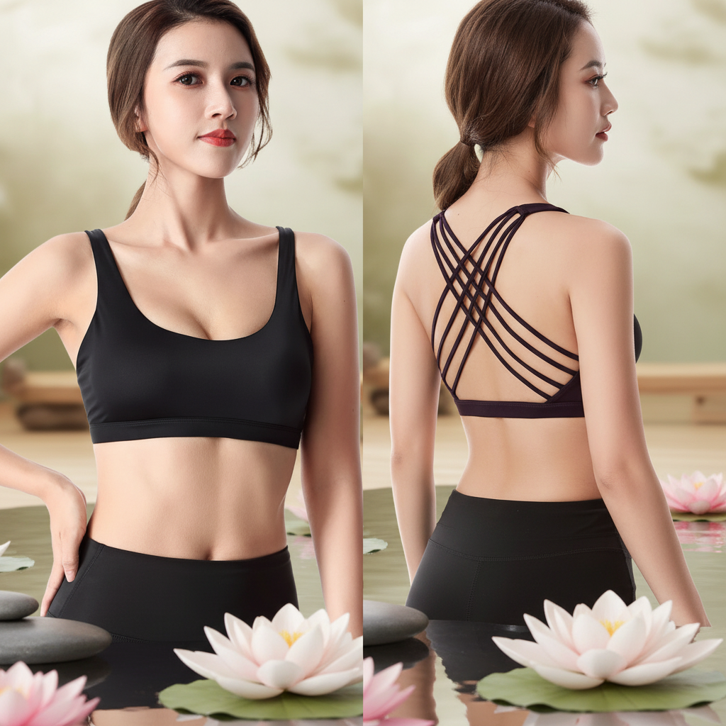 Soutien gorge bretelles croisées noir face et dos yoga