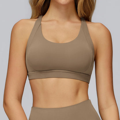Soutien gorge sport bretelles croisées vue de face coloris café clair