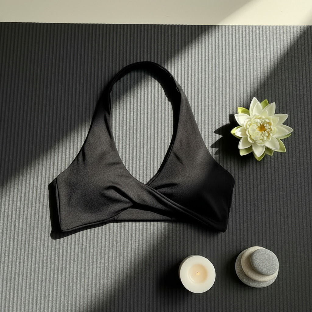 Soutien gorge croisé noir à plat dos nu tapis yoga lotus