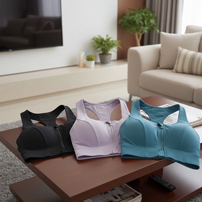 Soutien gorge de sport zip frontal dos nageur noir blanc bleu
