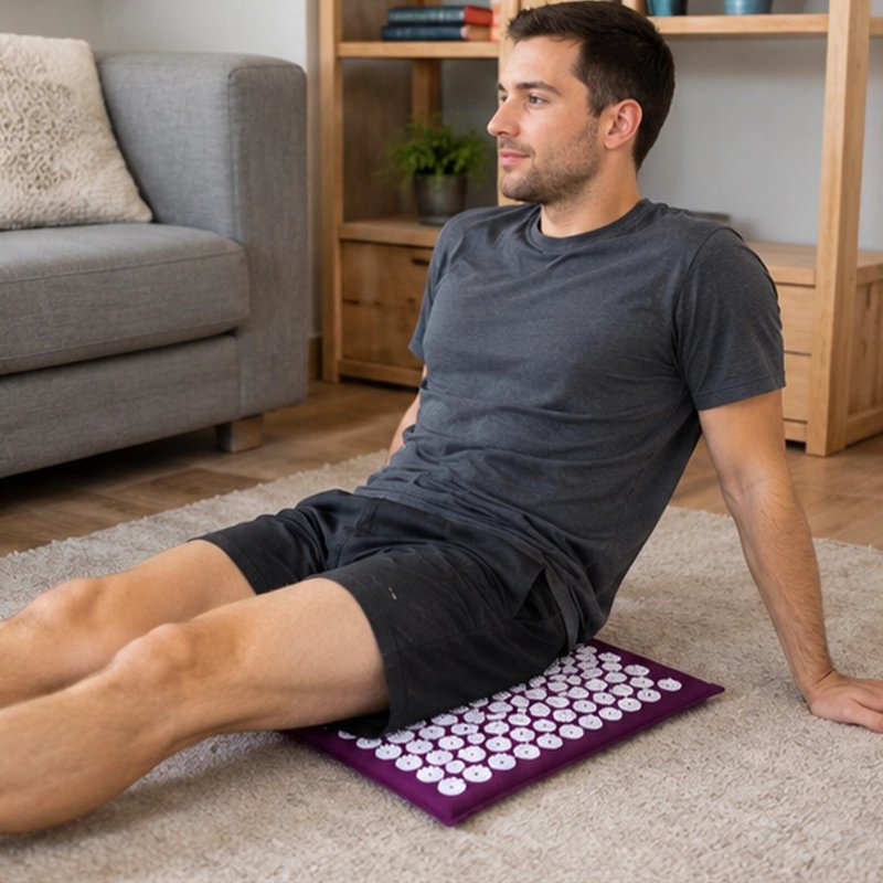Tapis d'acupression homme assis détendu