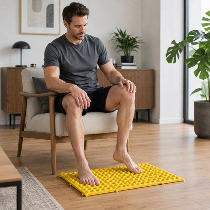 Tapis d'acupression jaune pieds homme assis
