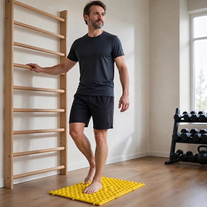 Tapis d'acupression jaune pieds homme debout salle de gym